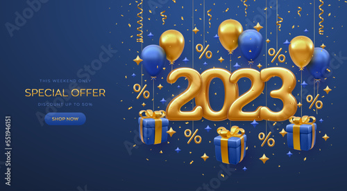 Christmas sale design banner. Happy New 2023 Year. Gold metallic numbers 2023 with shopping bag, price tag, gift box with golden bow, fly helium balloons on blue background. Vector illustration.