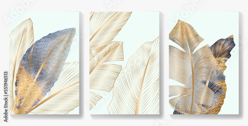 Luxury art background with tropical leaves in watercolor blue and gold color in line style. Botanical print set for decor, print, wallpaper, textile, interior design.