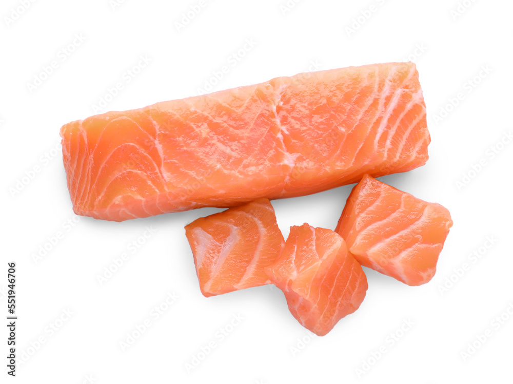 Pieces of fresh raw salmon on white background, top view Pieces of fresh raw salmon on white background, top view
