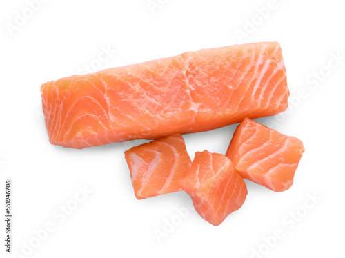 Pieces of fresh raw salmon on white background, top view