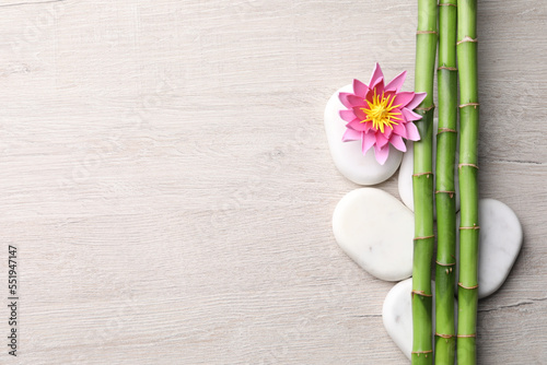 Spa stones, flower and bamboo stems on light wooden table, flat lay. Space for text
