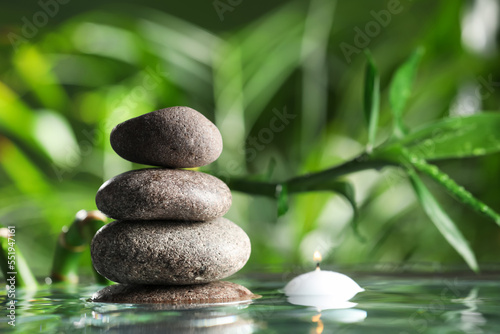 Stacked stones and burning candle with bamboo stem on water surface against blurred green leaves, closeup