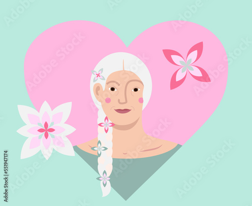 vector illustration of a woman with flowers in her white hair, mature woman smiling, portrait of an attractive older woman