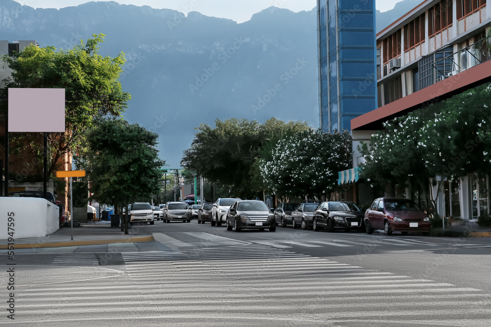Fototapeta premium Picturesque view of city street with cars on road near beautiful buildings