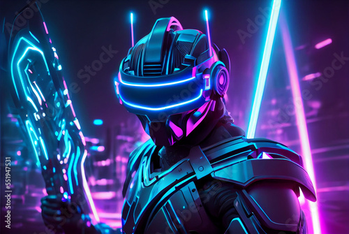 Cyborg ninja is preparing to attack using a neon sword with cyberpunk neon lighting background image created with Generative AI technology. photo