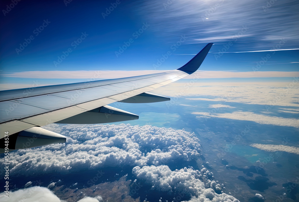 Fototapeta premium Blue sky and an aerial view of an airplane wing. Generative AI