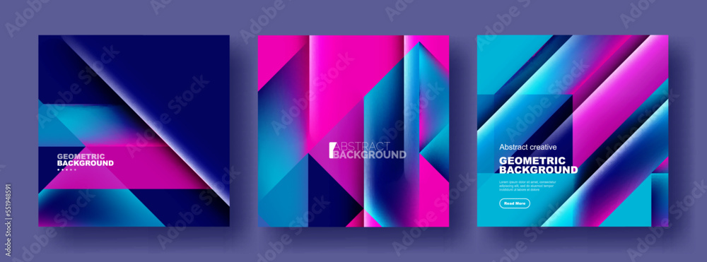 Set of abstract backgrounds - overlapping triangles with fluid gradients design. Collection of covers, templates, flyers, placards, brochures, banners