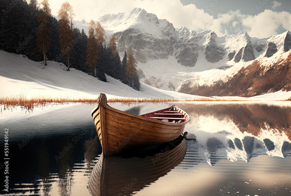 Daytime brown wooden boat on lake next to a peak coated in snow. Generative AI