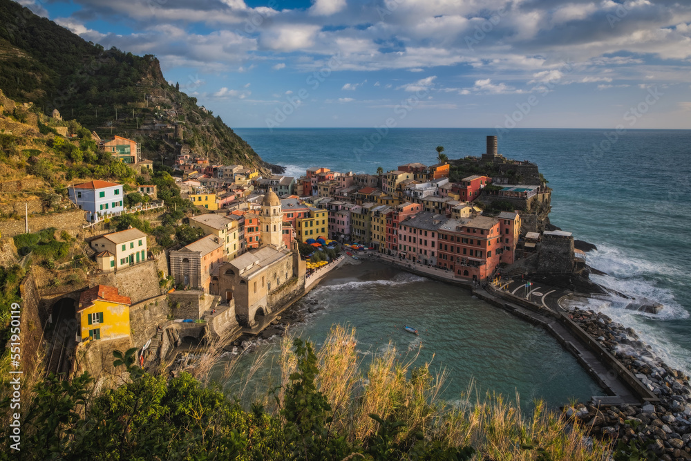 Vernazza village, aerial view on sunset, Seascape in Five lands, Cinque Terre National Park, Liguria Italy Europe. September 2022