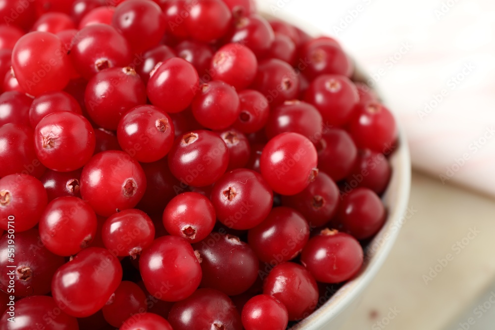 Bowl with tasty ripe cranberries on table, closeup Bowl with tasty ripe cranberries on table, closeup