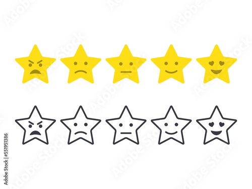 Feedback emoticon stars. Survey stars smiley set. Customer experience evaluation. Rating system stars. Level of satisfaction rating. Vector flat and outline icon set