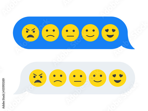 Feedback emoticon emoji smiley icon in chat bubbles. Level of satisfaction rating. Feedback in form of emotions in pop-up. Flat vector illustration