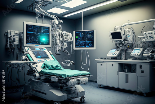 A sophisticated automated medical device surgical room in a hospital with robotic technology equipment is being used by a neurosurgeon.. Generative AI