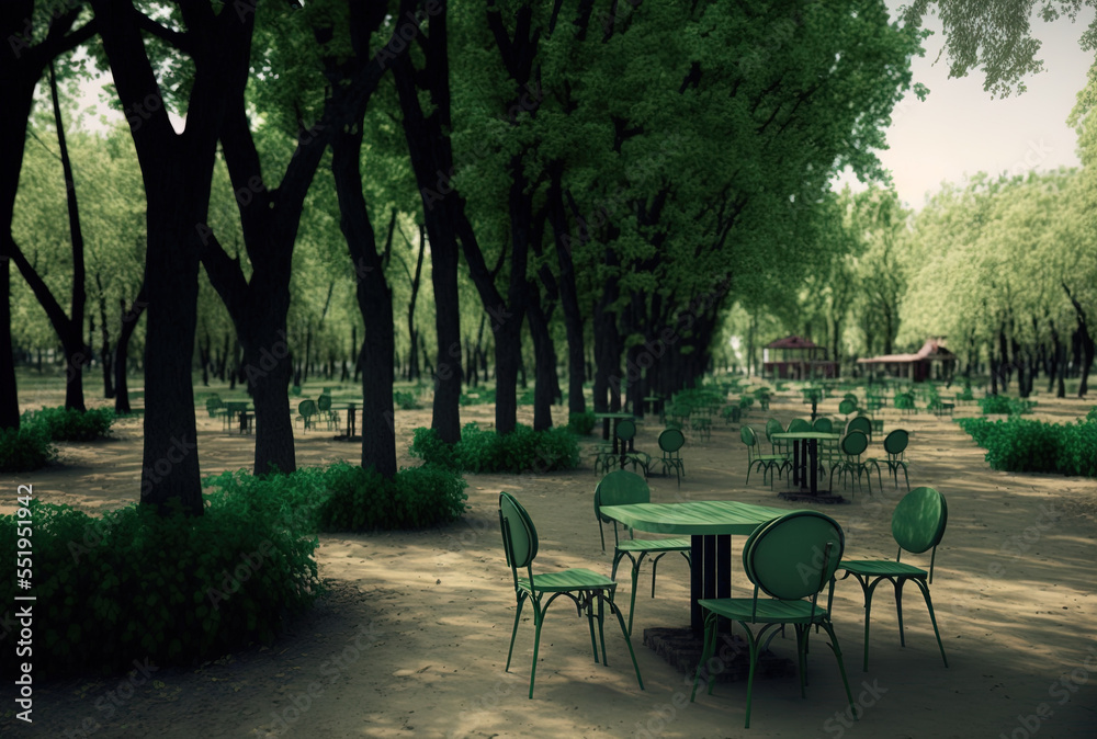 Moldova park with chairs, tall, green trees, and moist ground. Generative AI