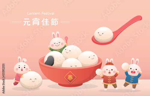 Cute rabbit character or mascot, Lantern Festival or Winter Solstice with glutinous rice balls, glutinous rice sweet food in Asia, Chinese translation: Lantern Festival