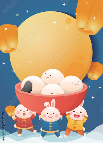 Cute rabbit character or mascot, Lantern Festival or Winter Solstice with glutinous rice balls, glutinous rice sweet food in Asia, sky lantern and moon, poster in vertical style