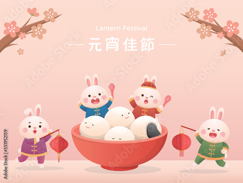 Cute rabbit character or mascot, Lantern Festival or Winter Solstice with glutinous rice balls, glutinous rice sweet food in Asia, Chinese translation: Lantern Festival