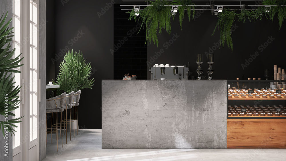 3D render modern, luxury cafe and bakery with concrete counter, wood cake  display, espresso maker, plant