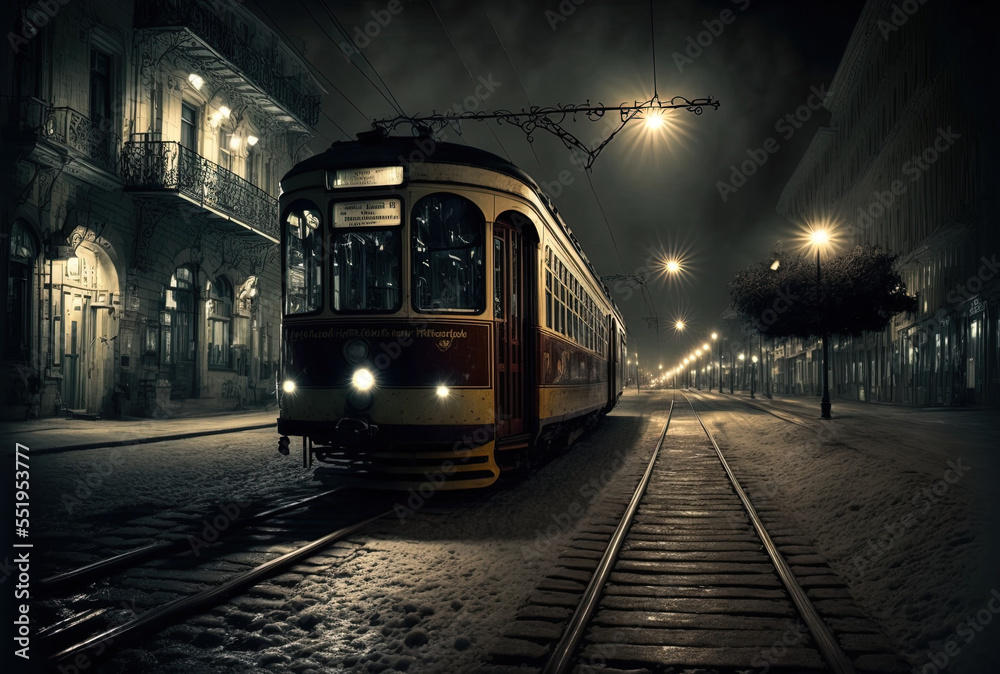 At night, tramway tracks are vacant. Generative AI
