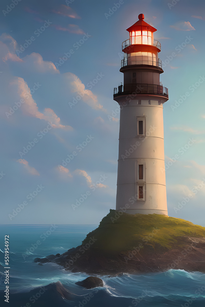 A remote fictional lighthouse out in the sea. Generative AI creation.