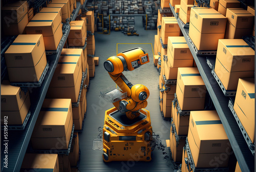In a factory, a robot forklift effectively sorts hundreds of packages every hour. Generative AI