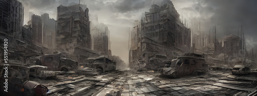 Post-apocalyptic ruins of a devastated major city at ground level. Generative AI creation. photo