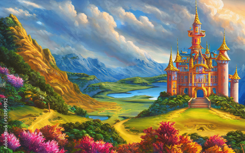A fantasy castle in a beautiful fairy tale kingdom. Generative AI creation. © MoonDigger