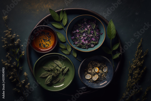 Top view of several tea herbs in bowls against a dark, textured background. room for text. Generative AI