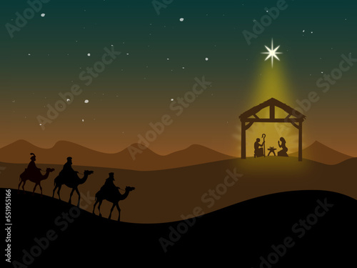 Fotografia Arrival of the wise men to the manger where Jesus of Nazareth was born, on Janua