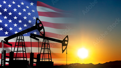 Silhouette of Oil pump. Industrial machine for petroleum on background of sunset. USA Oil Industry concept