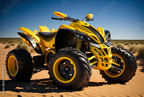 Nice photograph of a yellow sports quad bike. Generative AI