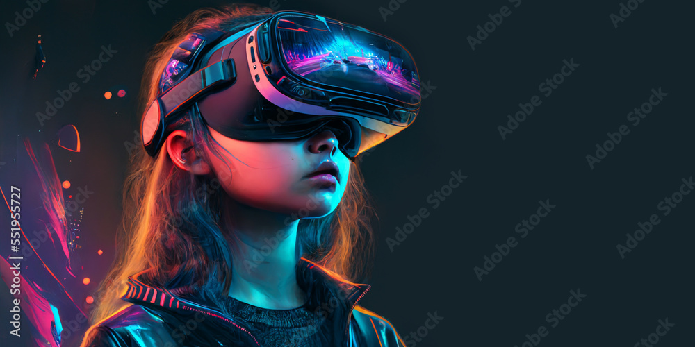 Girl wearing VR headset image created with Generative AI technology. Girl wearing VR headset image created with Generative AI technology.