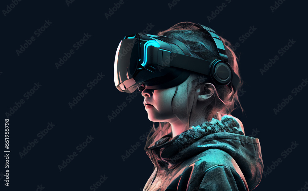 Girl wearing VR headset image created with Generative AI technology. Girl wearing VR headset image created with Generative AI technology.