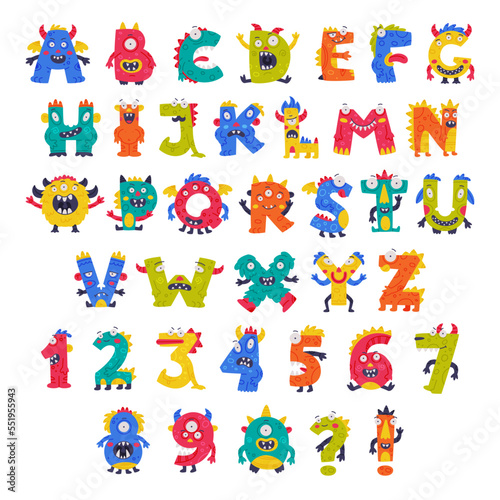 Monster Alphabet with Cute Abc Capital Letters and Numbers Vector Set