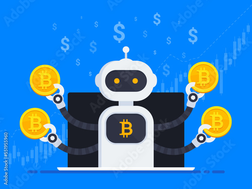 Cryptocurrency trading bot. Bot trades on cryptocurrency market. Cryptocurrency trading bot makes money on bitcoin. Bot out of laptop screen holds bitcoin. Vector illustration