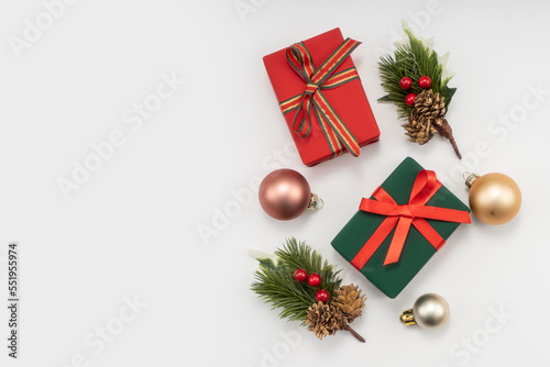 Christmas composition. Christmas gifts and decorations on white background.