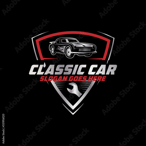 Classic Car repair Logo shield, automotive modification logo template with rustic, vintage, retro