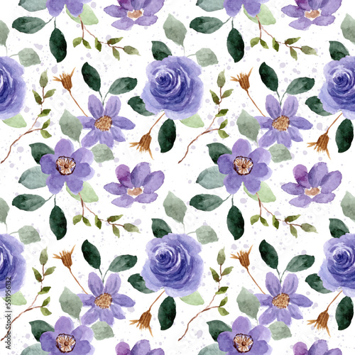 purple flower watercolor seamless pattern