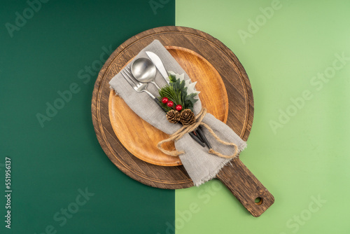 Christmas table setting with christmas decorations,. Top view, copyspace. photo