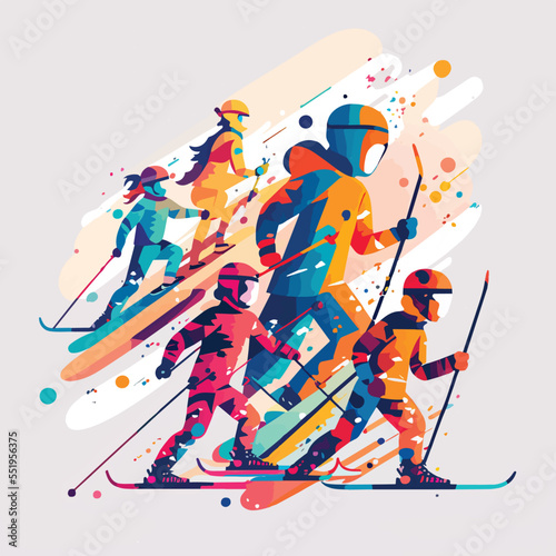 Kids skiing, children having fun skiing, Skis in snow ski people. Winter sports at kids holiday. Children skiers enjoying snow landscape, collage illustration