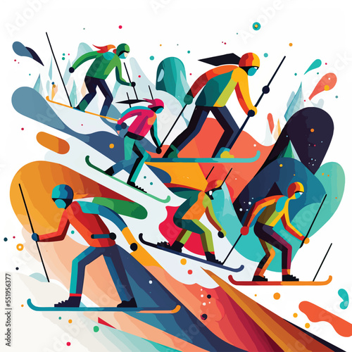 Kids skiing, children having fun skiing, Skis in snow ski people. Winter sports at kids holiday. Children skiers enjoying snow landscape, collage illustration