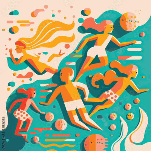 Kids swimming, children having fun in pool swimming at class school, swim in water fun. Summer sports kids holiday. Children swimmers enjoying water, illustration