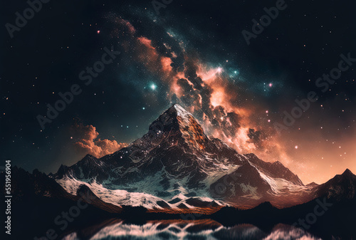 Galaxy background with a starry sky and a mountain mashup media. Generative AI