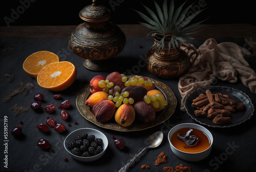 Eastern delicacies on a black table with dates and fruit. Generative AI