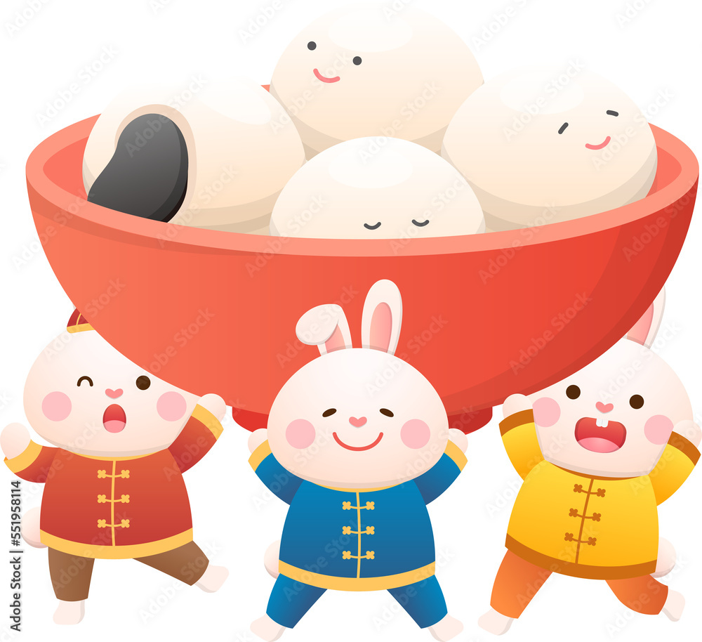 Cute rabbit character or mascot, Lantern Festival or Winter Solstice with glutinous rice balls, glutinous rice sweet food in Asia, traditional festival and culture Cute rabbit character or mascot, Lantern Festival or Winter Solstice with glutinous rice balls, glutinous rice sweet food in Asia, traditional festival and culture