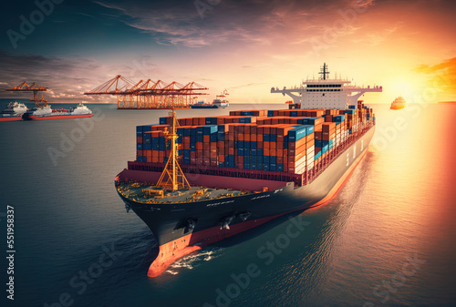 Business commercial worldwide oversea logistic import export container box by container vessel, container cargo ship freight shipment unloading at original destination port using quay crane