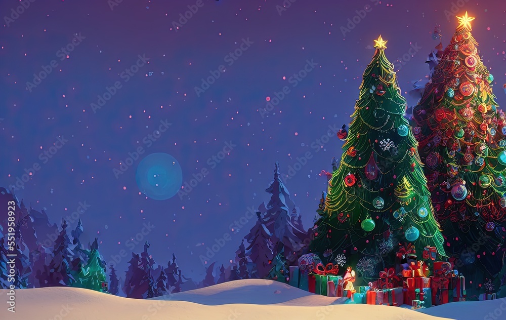 Christmas tree and gifts on blue background with copy space in generative AI Christmas tree and gifts on blue background with copy space in generative AI