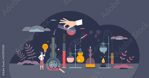 Science experiments with chemical or physics laboratory tests tiny person concept. Lab equipment with chemist teacher vector illustration. Liquid substances experimental research. Scientific workplace