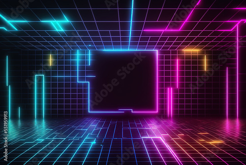 digital backdrop technology abstract neon a futuristic background with colored grids and cyber lines. Generative AI