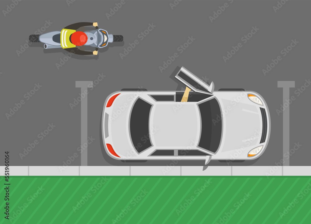 Safe driving tips and rules. Check before opening doors. Driver opening the vehicle's front door while motorcycle is approaches. Beware of the door zone. Top view. Flat vector illustration template. Safe driving tips and rules. Check before opening doors. Driver opening the vehicle's front door while motorcycle is approaches. Beware of the door zone. Top view. Flat vector illustration template.